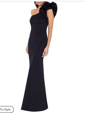Betsy & Adam Black One-Shoulder Gown with Sculpted Bow